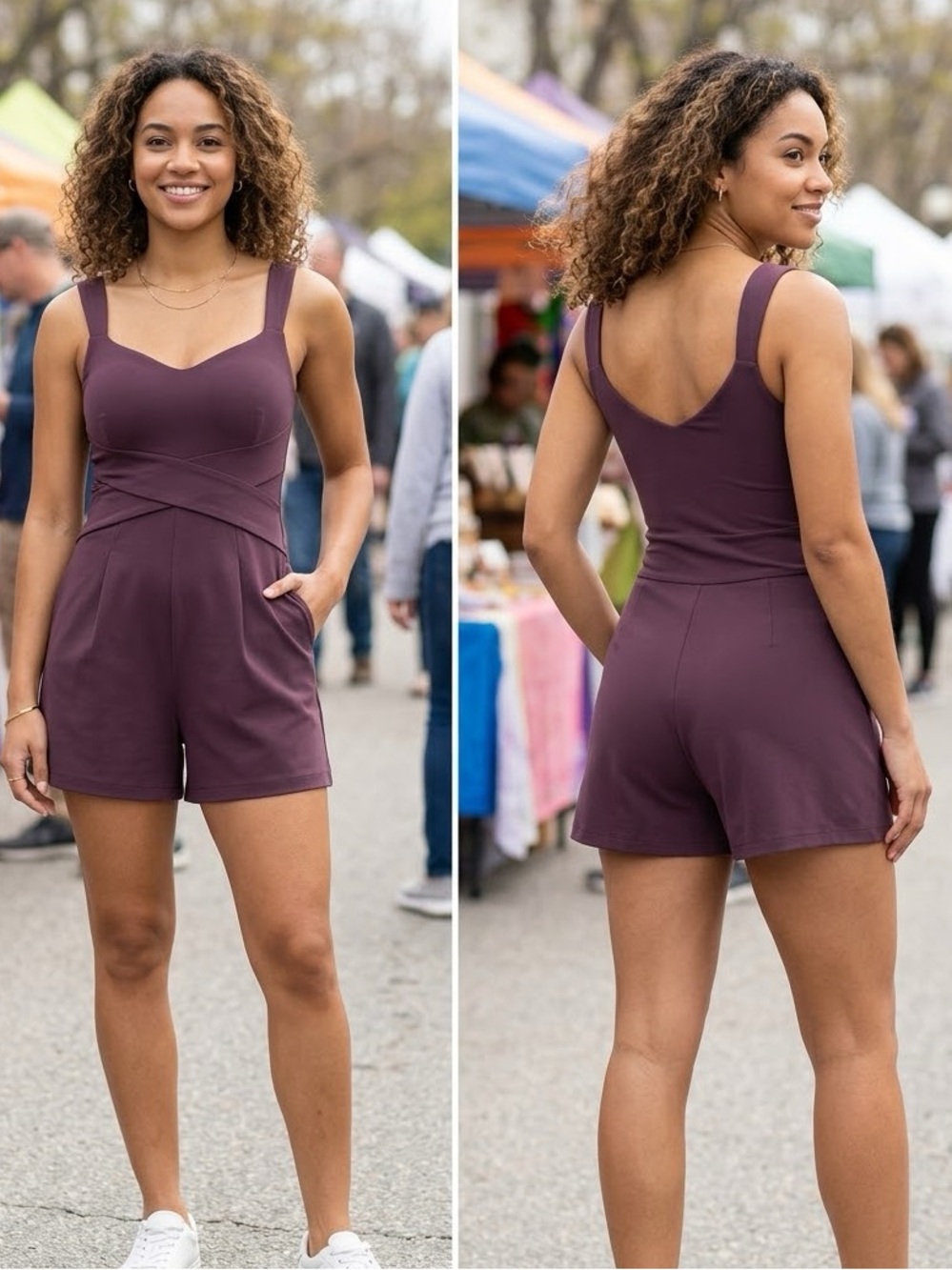 Halara Womens Everyday Easy Peezy Romper Sz S Purple Cross Waist Sweetheart Neck